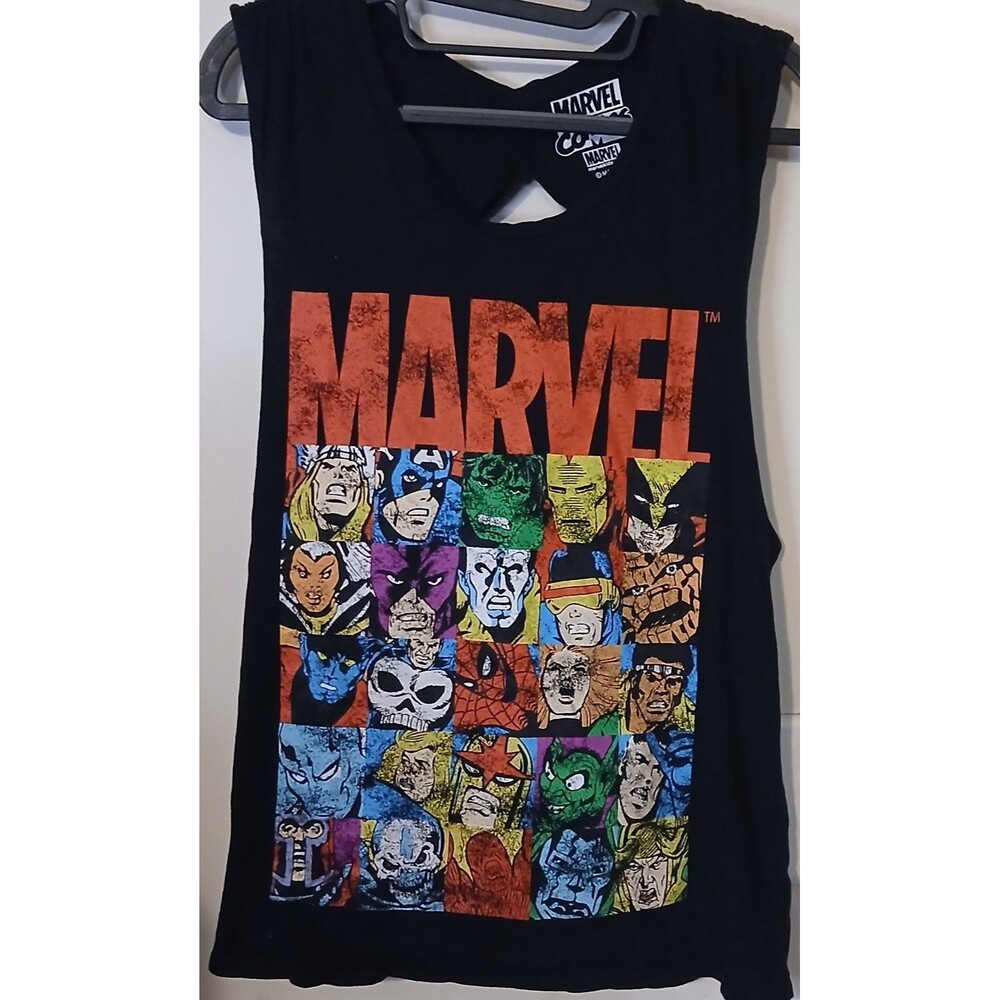 Marvel Comics Tank Top Womens Large Black Superhero Graphic Open Twisted Back